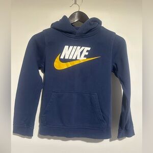 Nike Kids Navy Hoodie with White Logo and Yellow Swoosh